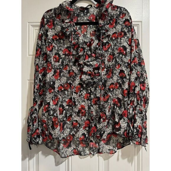 The Kooples Red Silver Black Lulu rose Printed Shirt Blouse top 2 NWT medium - Picture 2 of 8